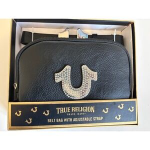 True Religion Black Rhinestone Horseshoe Belt Bag Adjustable Strap S/M NWT
